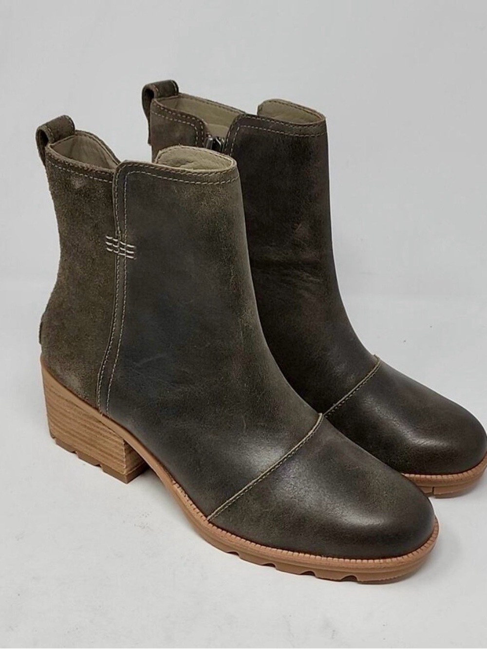 Sorel Olive Leather & Suede Ankle Boots with Wood Block Heel